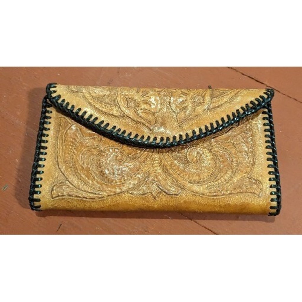 Vintage Handmade Western Leather Embossed Clutch Wallet‎ Tooled Flowers